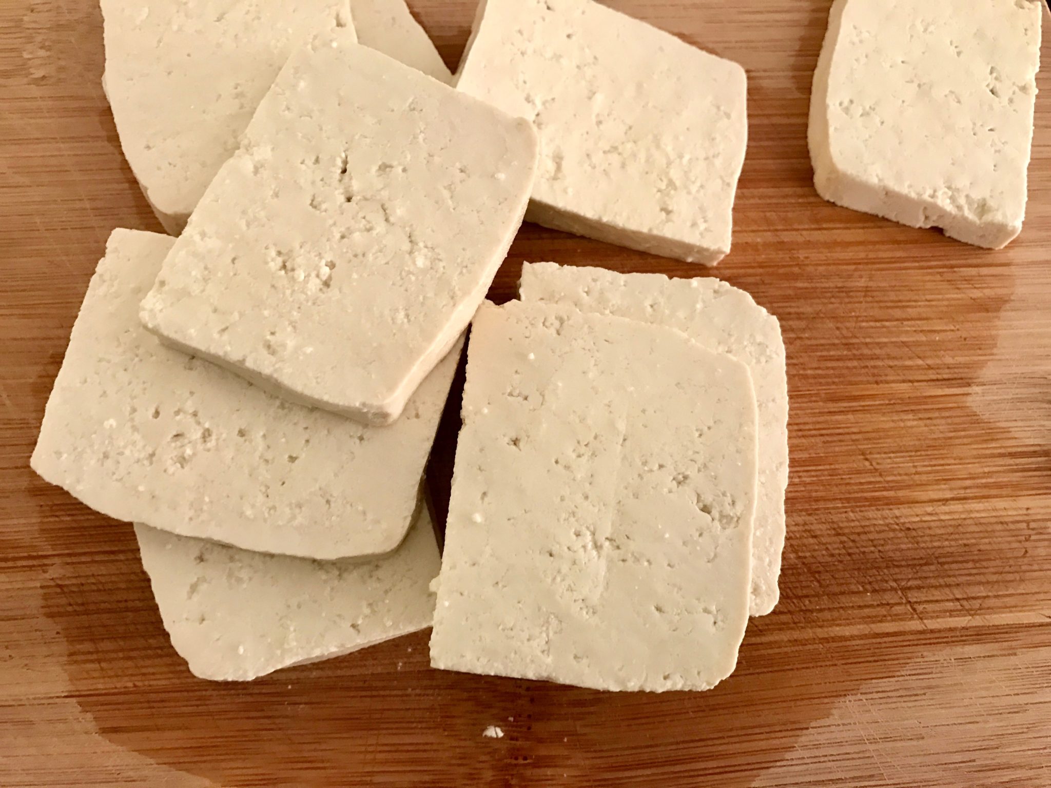 Cut the tofu into thin slice pieces
