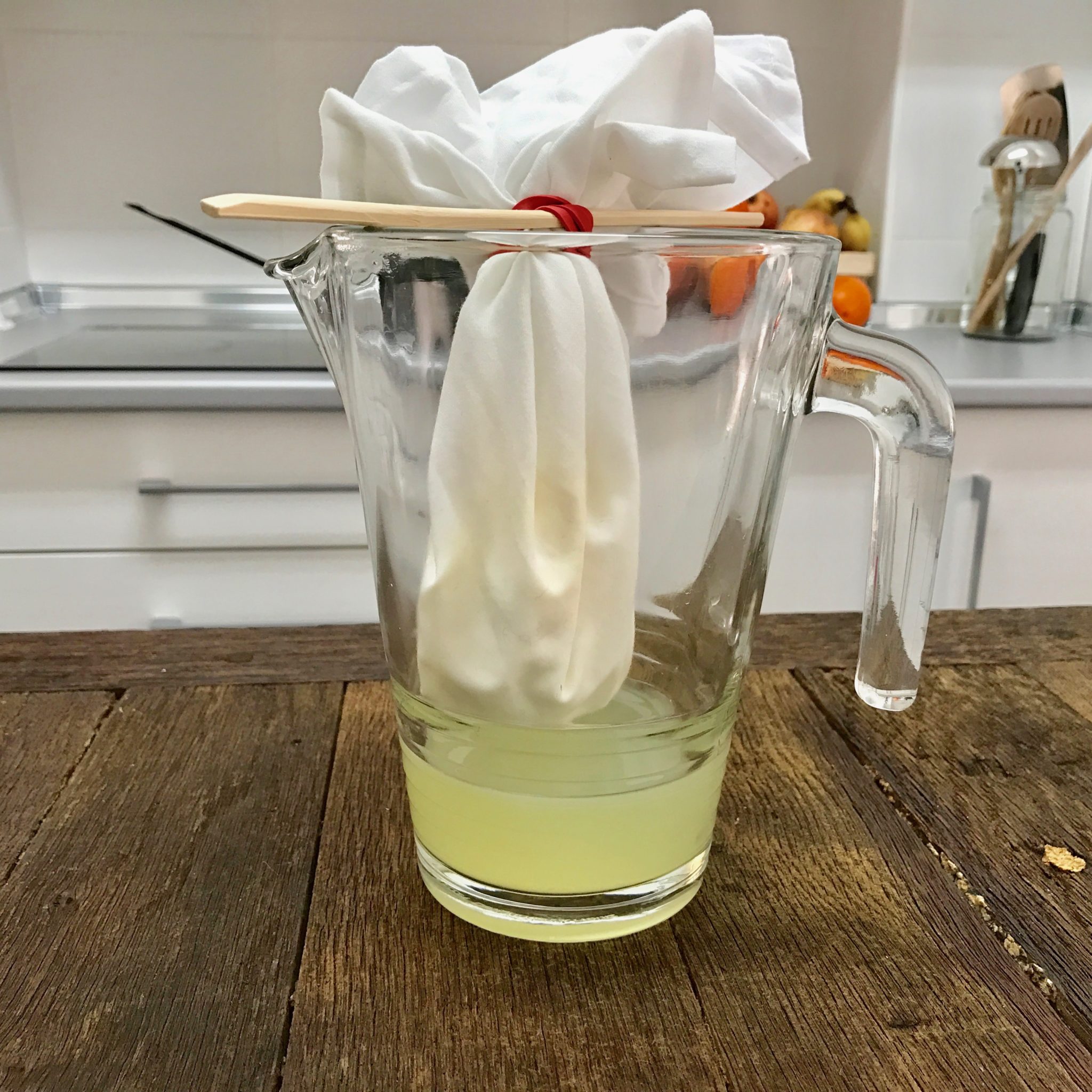 tie the napkin and hang it on the pitcher 'til stops dripping