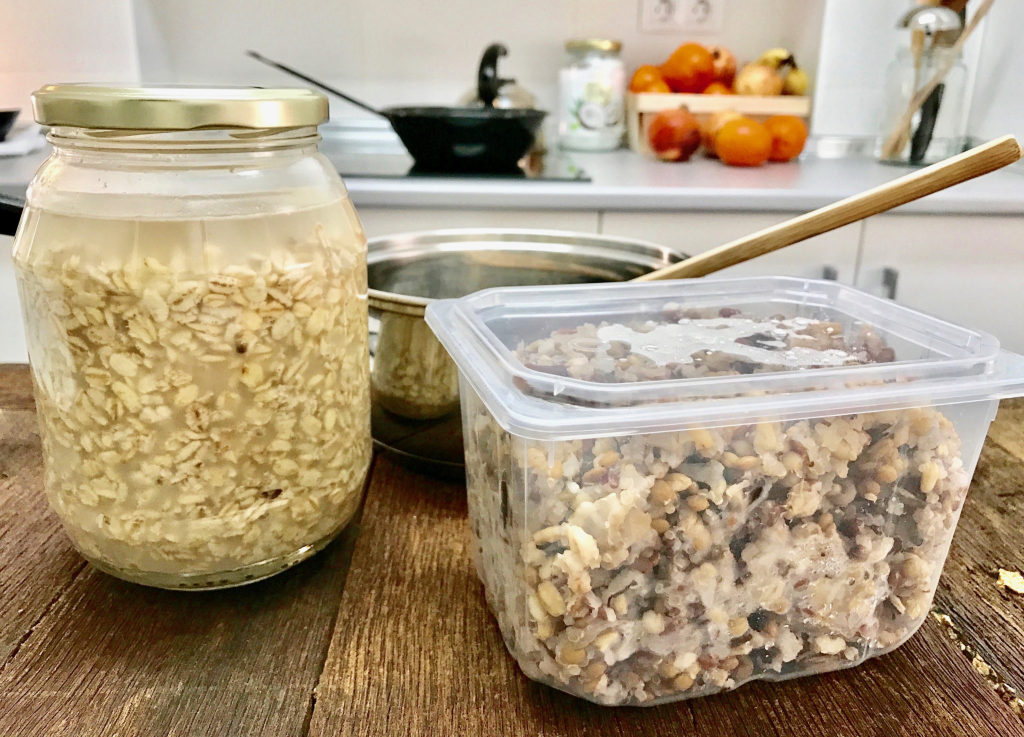 prepared feremented-cooked whole grains and soaked rolled oats & barley flakes