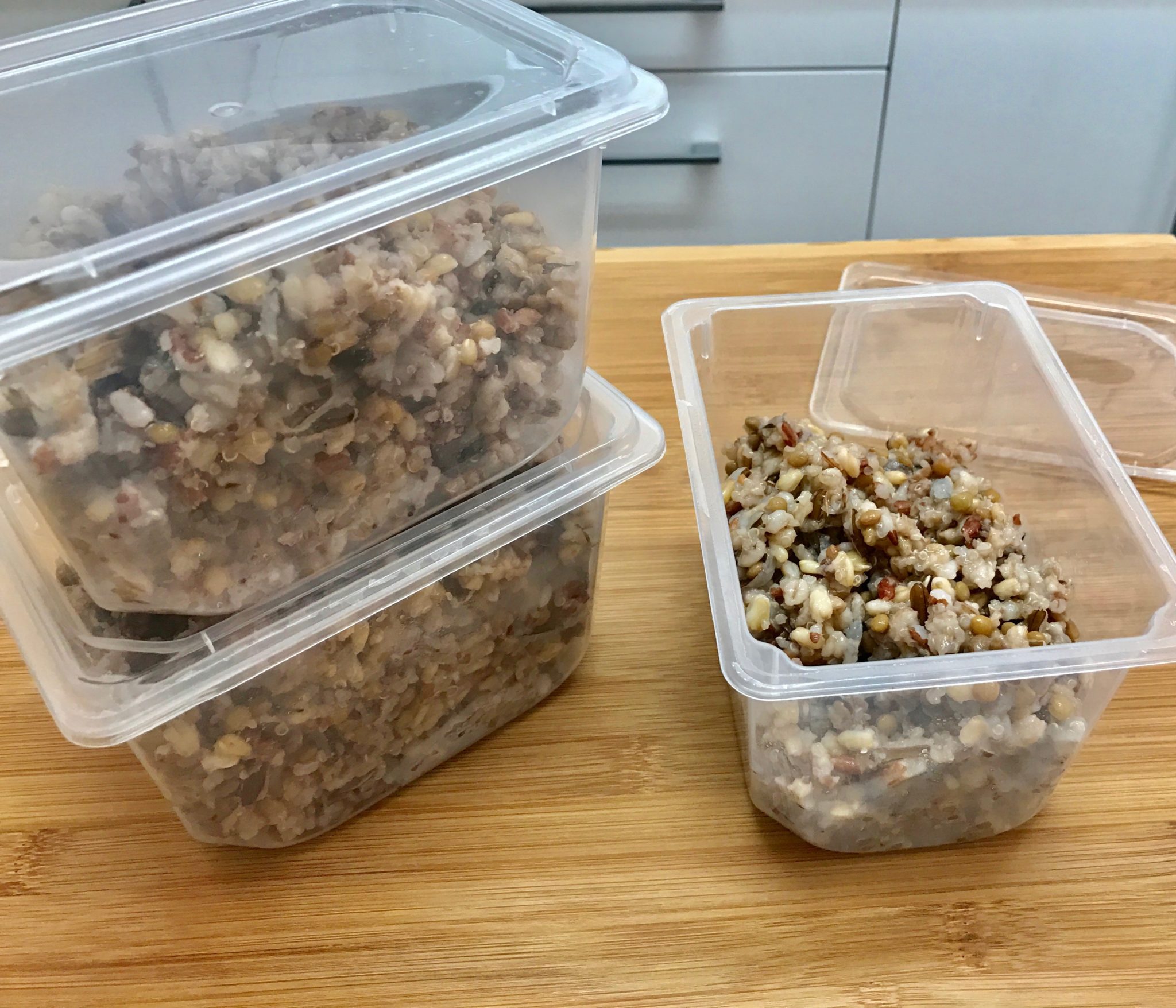 cooked whole grains stored in containers