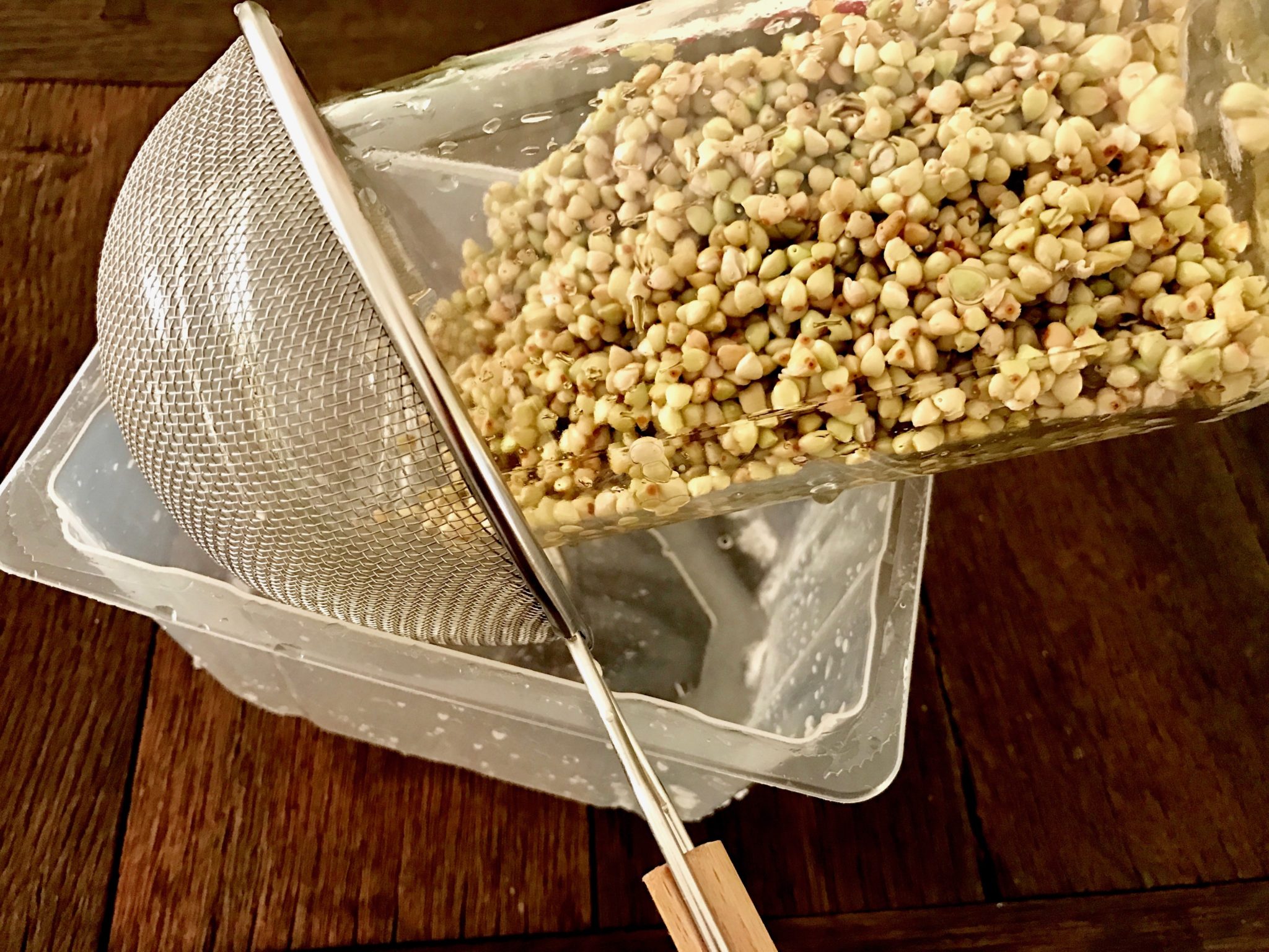 put soaked buckwheat in a glass jar and tilt using a strainer and a container