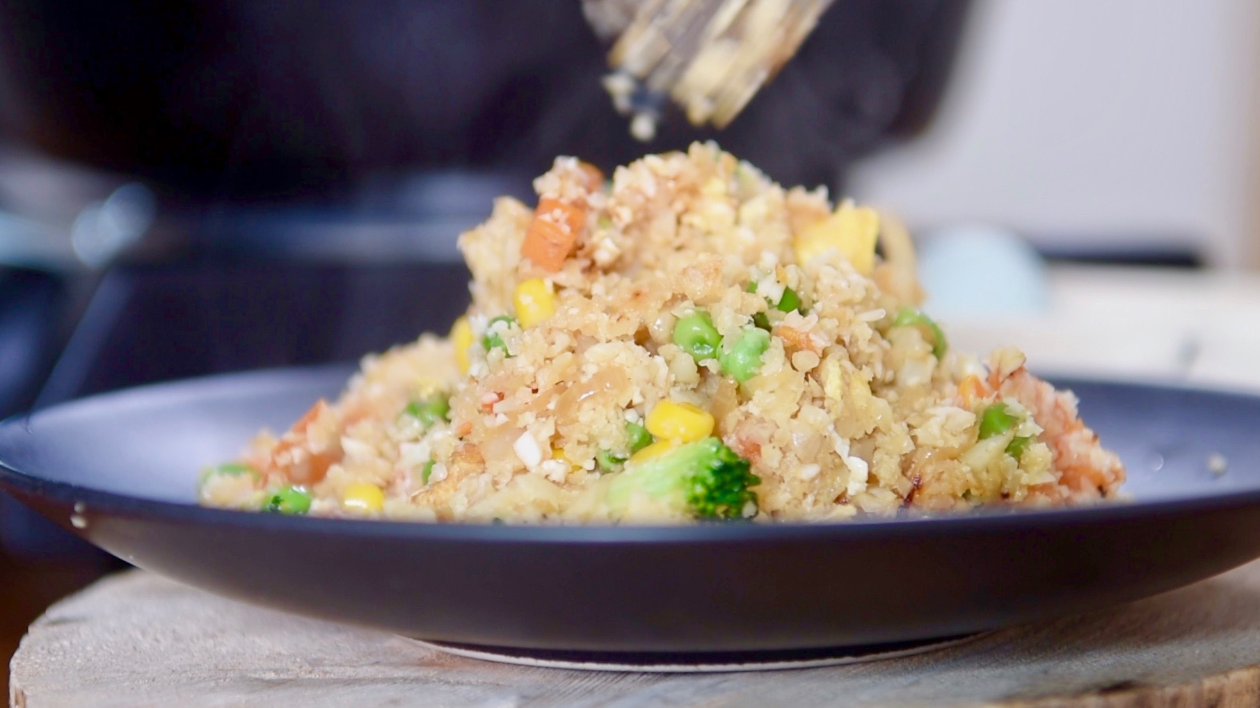 serving cauliflower fried rice (kid's special)