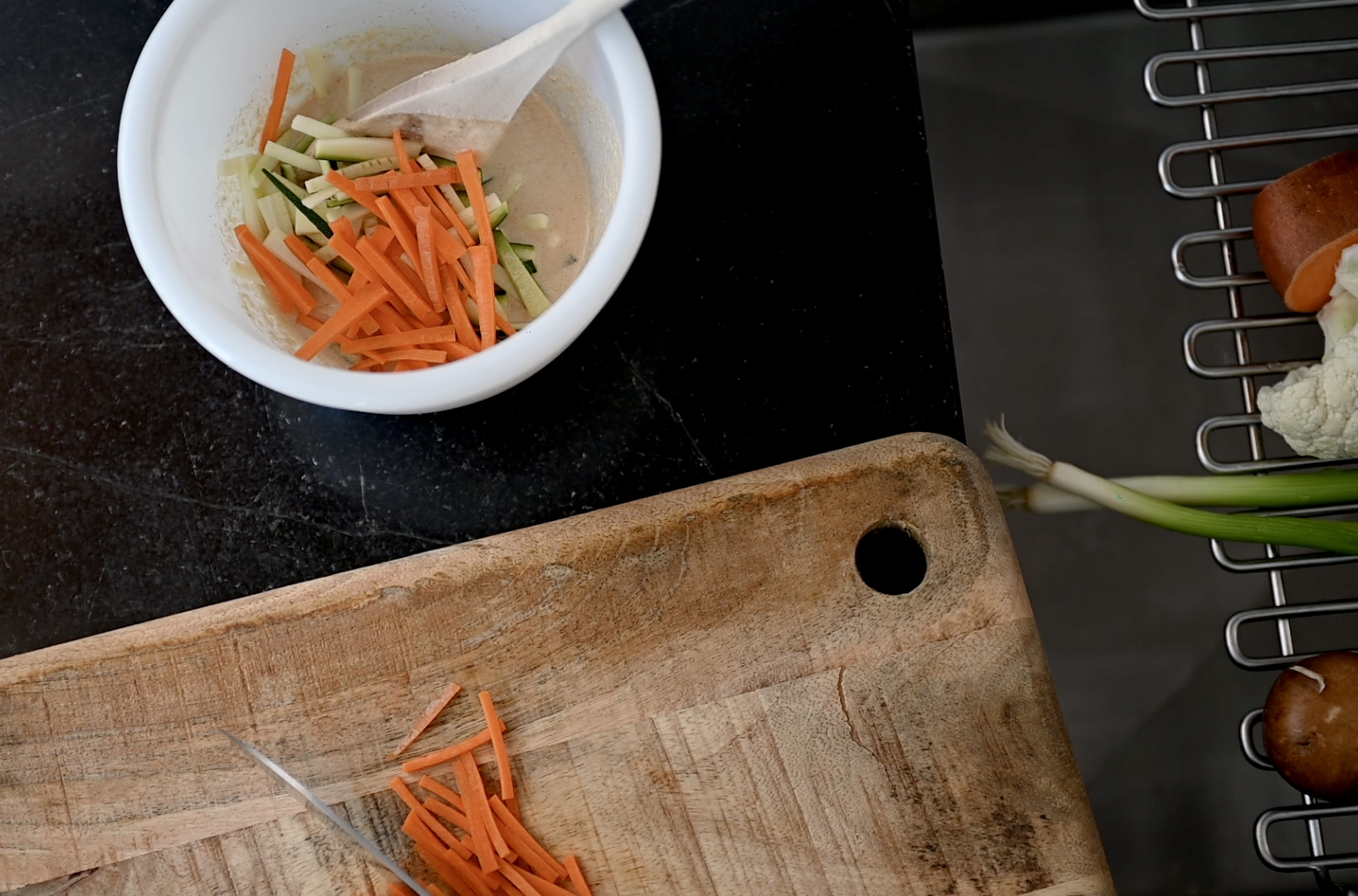 cut vegetables into small strips