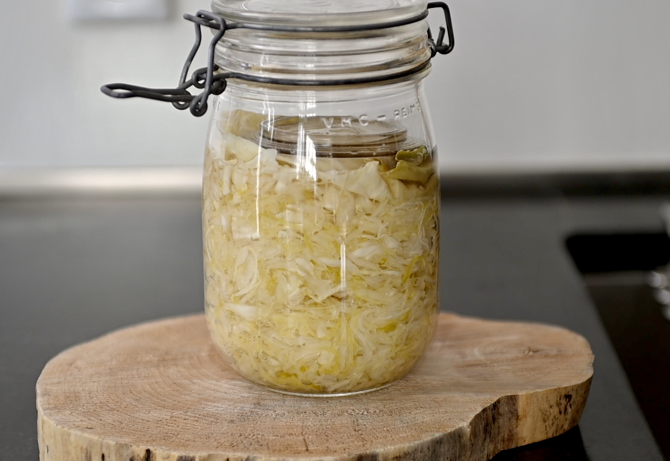 green cabbage sauerkraut after being fermented for 7 days